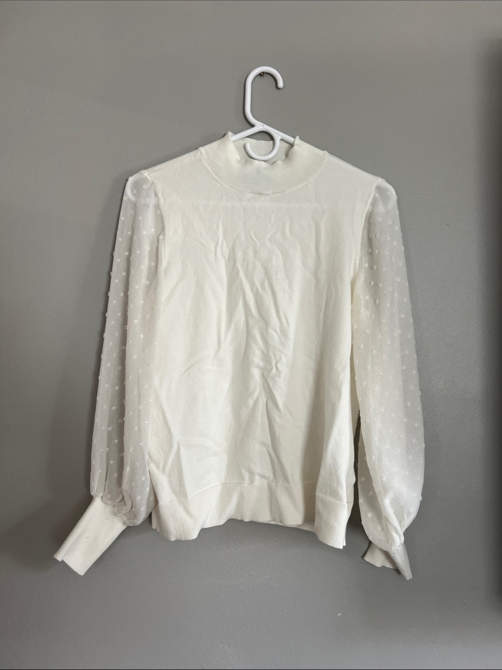 CeCe Cream Mock Neck Sheer Dot Sleeve Sweater